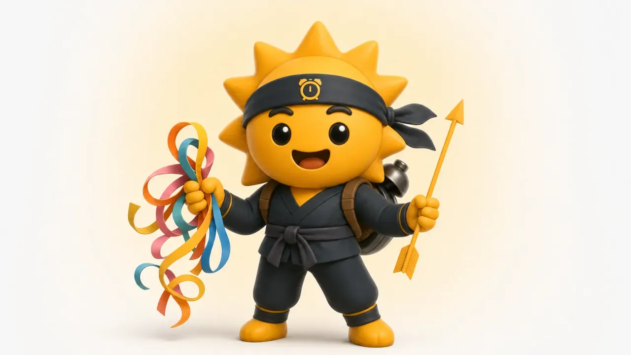 The Risly sun-ninja next to a clock with the hands spinning