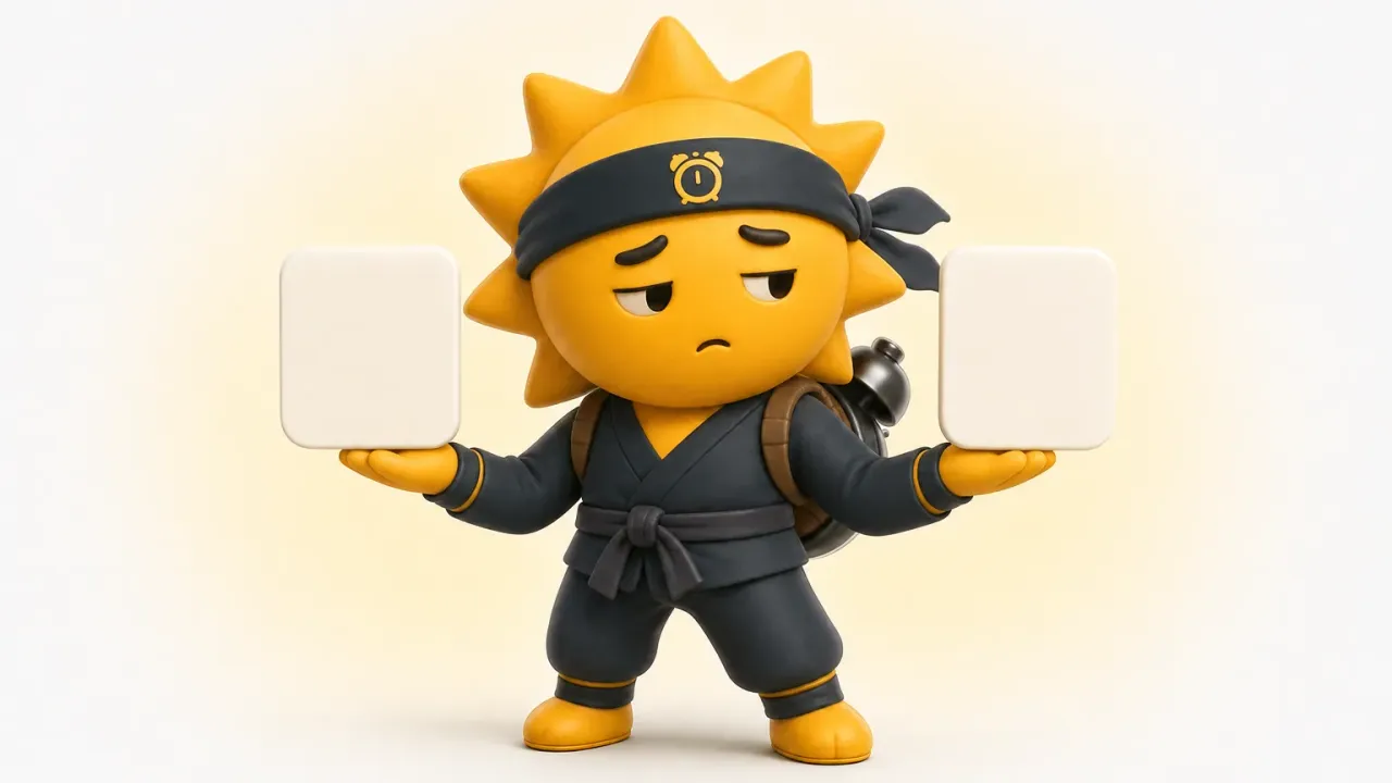 El ninja del sol de Risly sopesando dos aplicaciones de alarma, una en cada mano