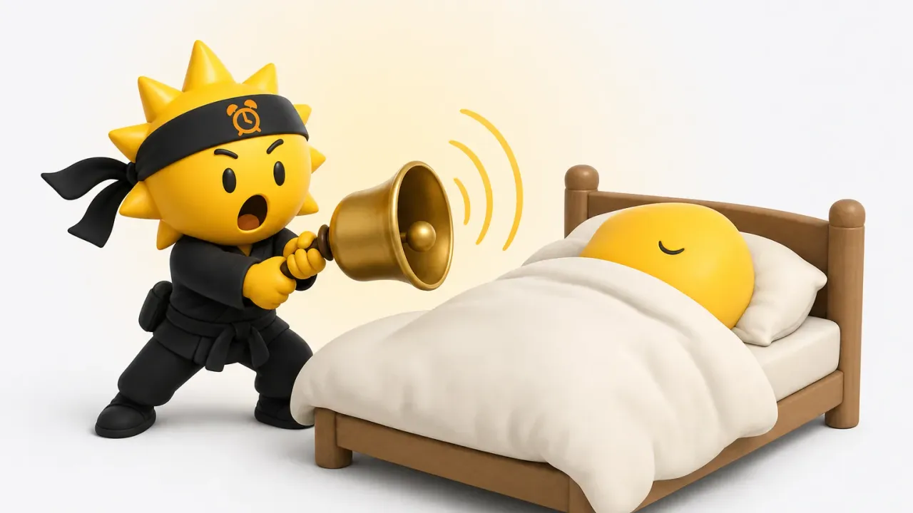 De Risly-ninja staat naast een bed waarin iemand dwars door een loeiende wekker heen slaapt