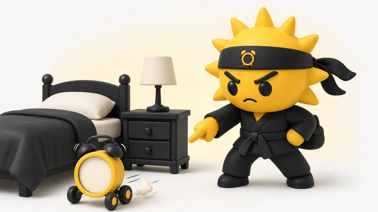 The Risly sun-ninja standing over a bed, pointing at an alarm clock rolling away on wheels