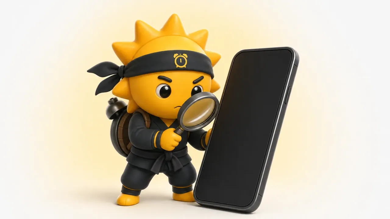 Un iPhone sul comodino con la sveglia scaduta e il ninja-sole di Risly che indica l'orologio