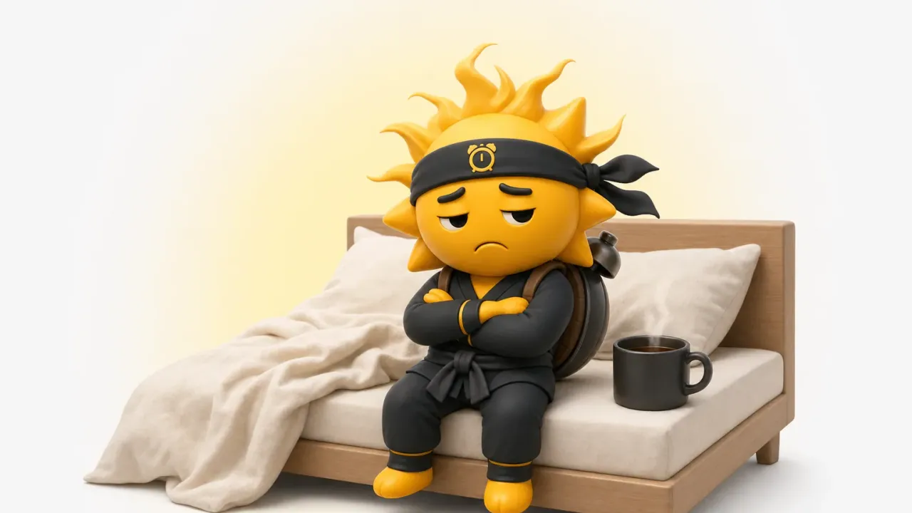 Ein sehr schlecht gelaunter Sonnen-Ninja mit Kaffeetasse am frühen Morgen
