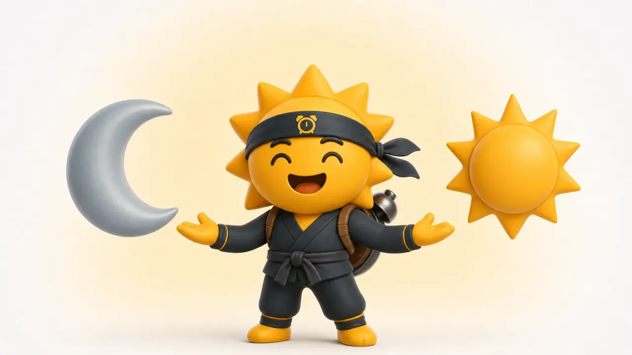 Een Risly-ninja met een slaapmasker op zijn voorhoofd naast een opgaande zon