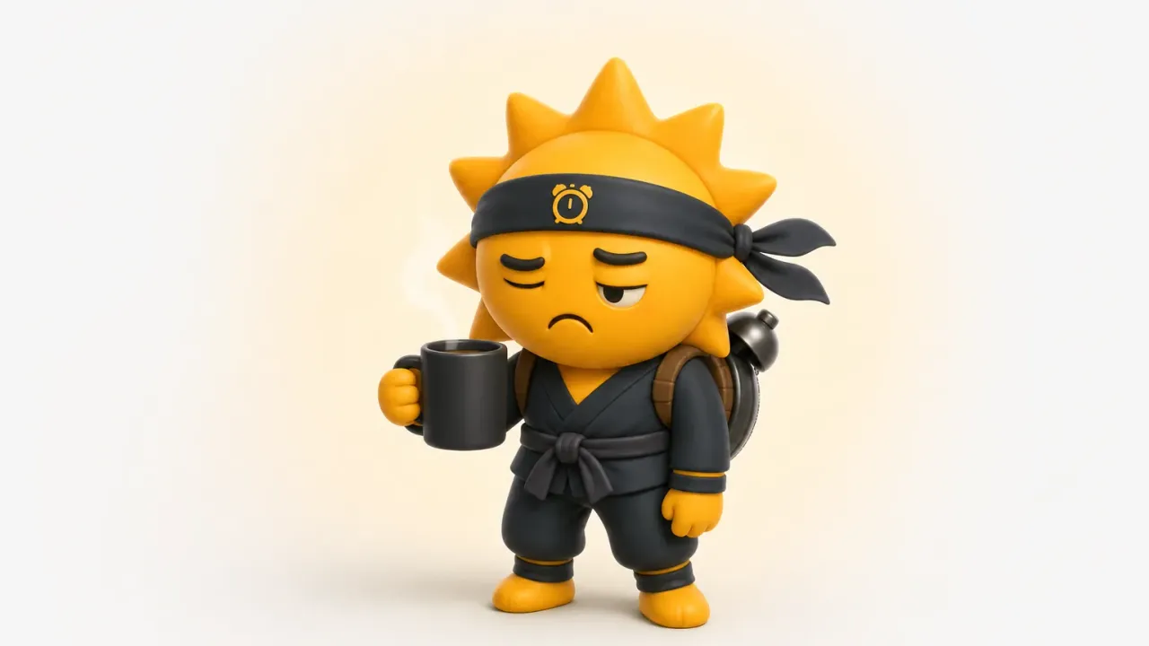 Een chagrijnige Risly-ninja met een kop koffie, halfdicht oog