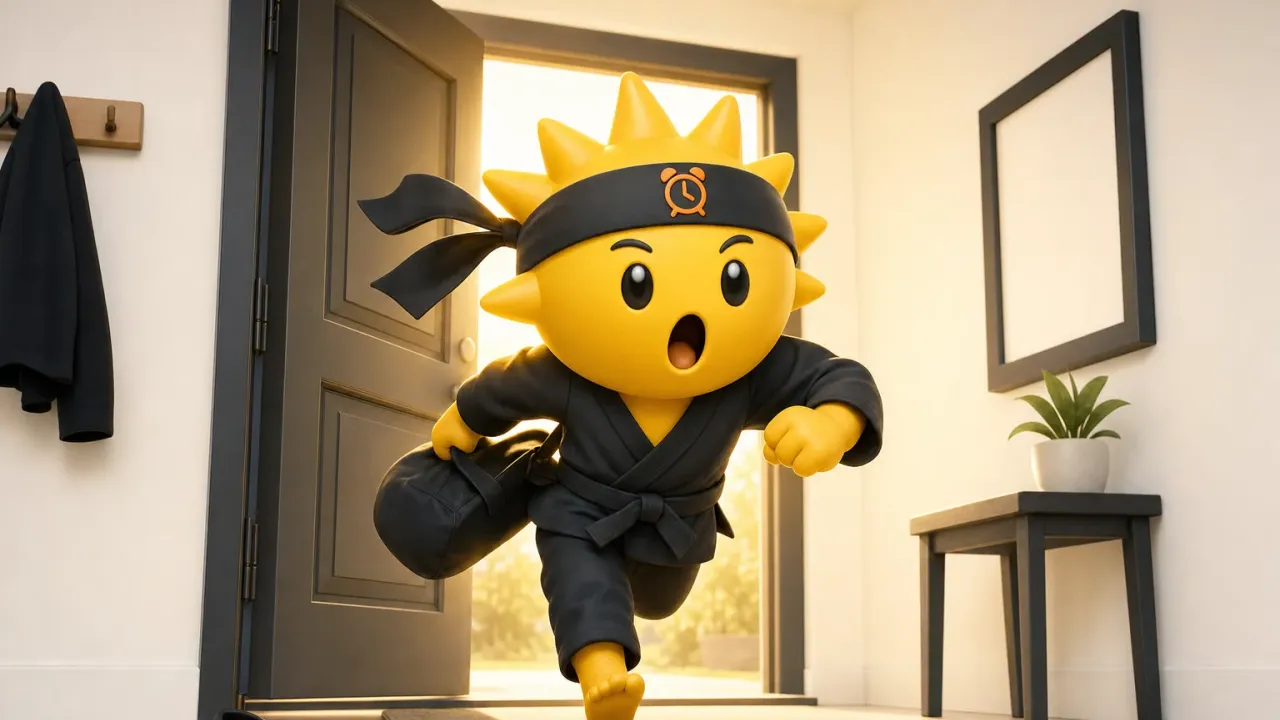 Słoneczny ninja Risly wskazujący plan poranka rozpisany na tablicy obok zegara