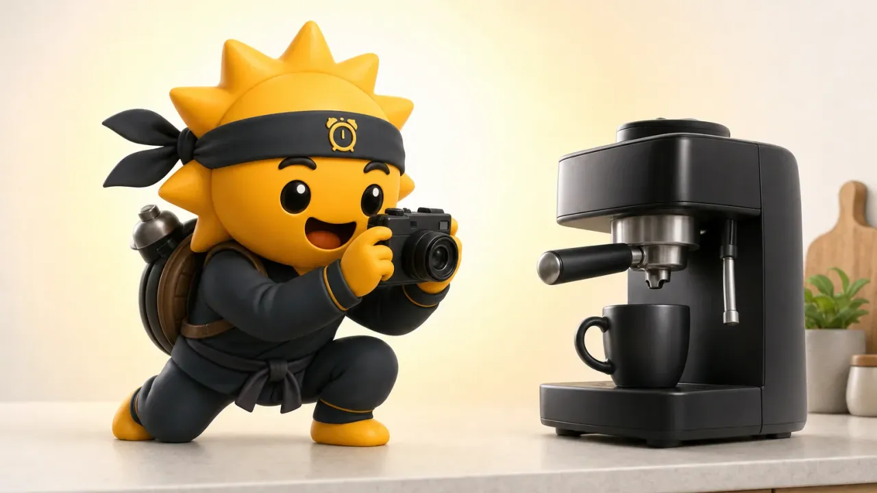 The Risly sun-ninja pointing a phone camera at a coffee machine