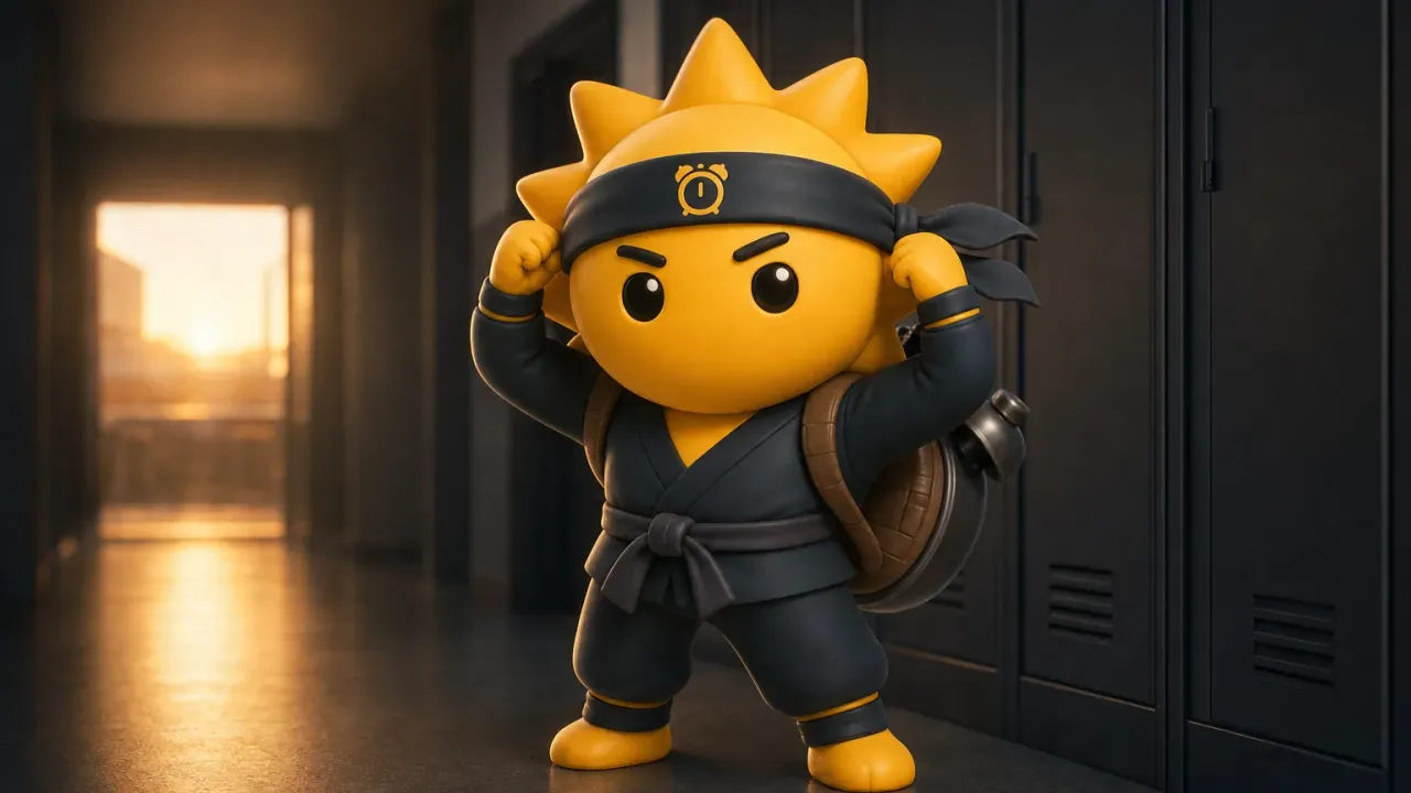 Słoneczny ninja Risly z plecakiem szkolnym o świcie