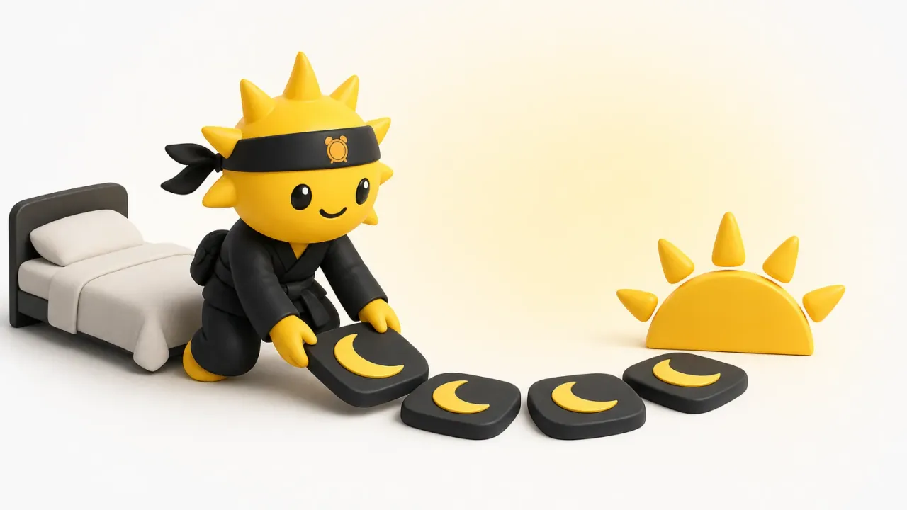 Il ninja-sole di Risly accanto a una tabella di orari per andare a dormire e a un orologio che segna le 22:15