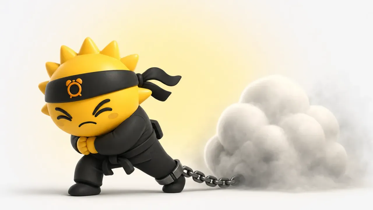 The Risly sun-ninja straining forward, dragging an ankle chain shackled to a cloud of grey fog