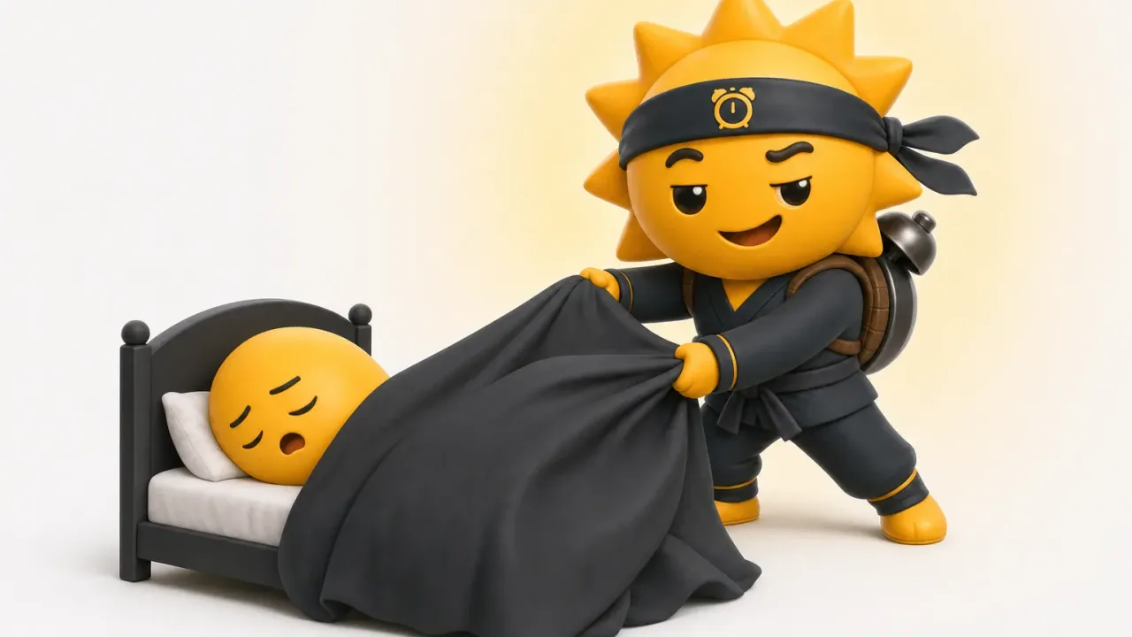 The Risly sun-ninja looking at a phone showing a dismissed alarm