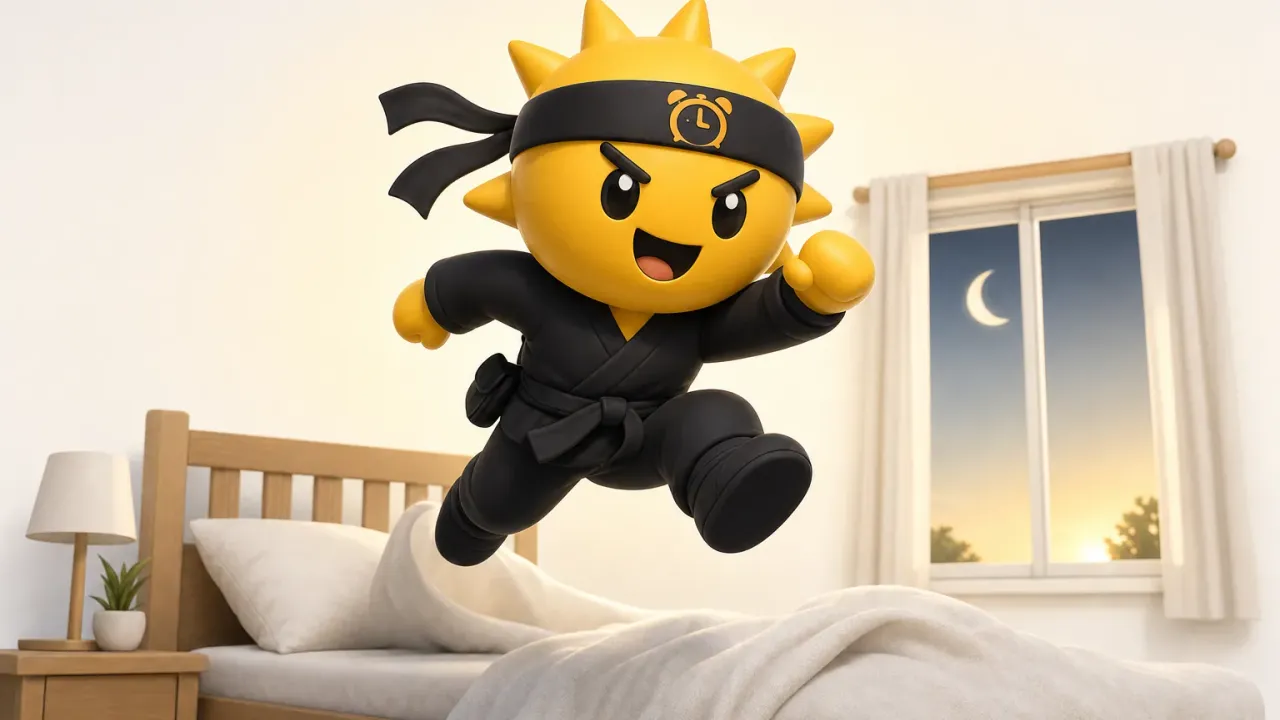 O ninja do sol da Risly pulando da cama de madrugada, com a lua ainda aparecendo na janela