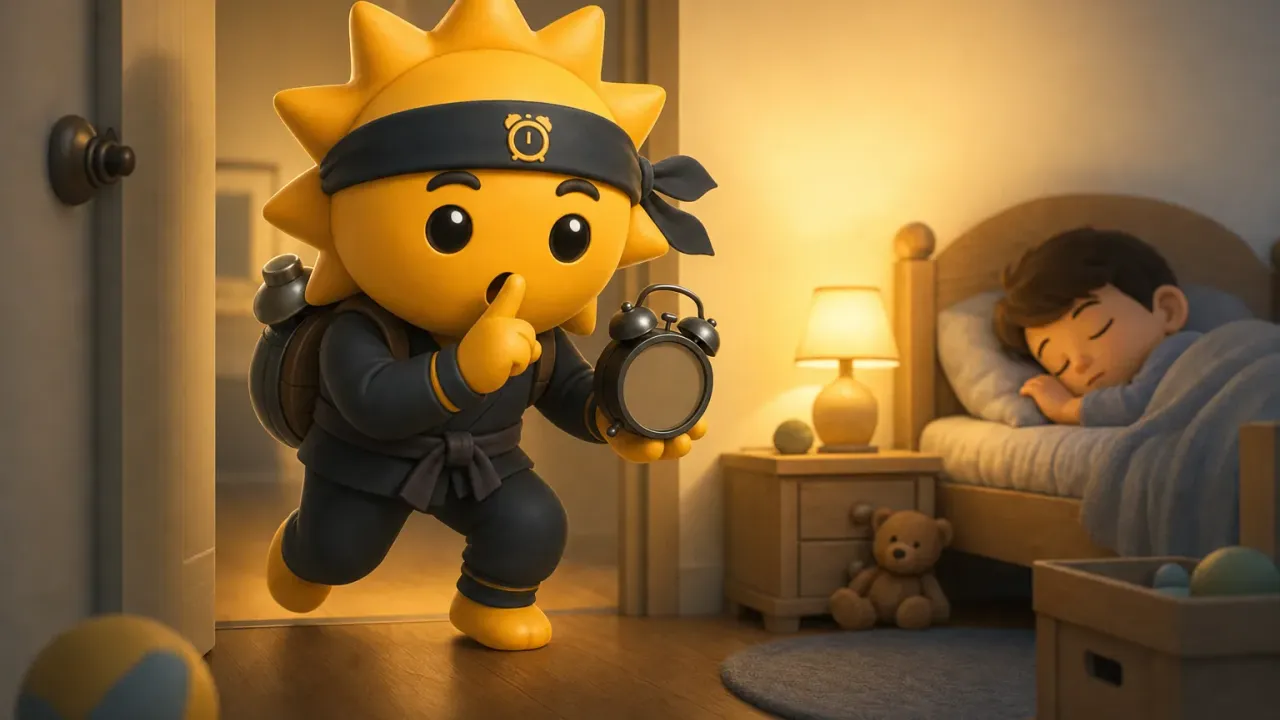 Słoneczny ninja Risly zaglądający do pokoju śpiącego nastolatka