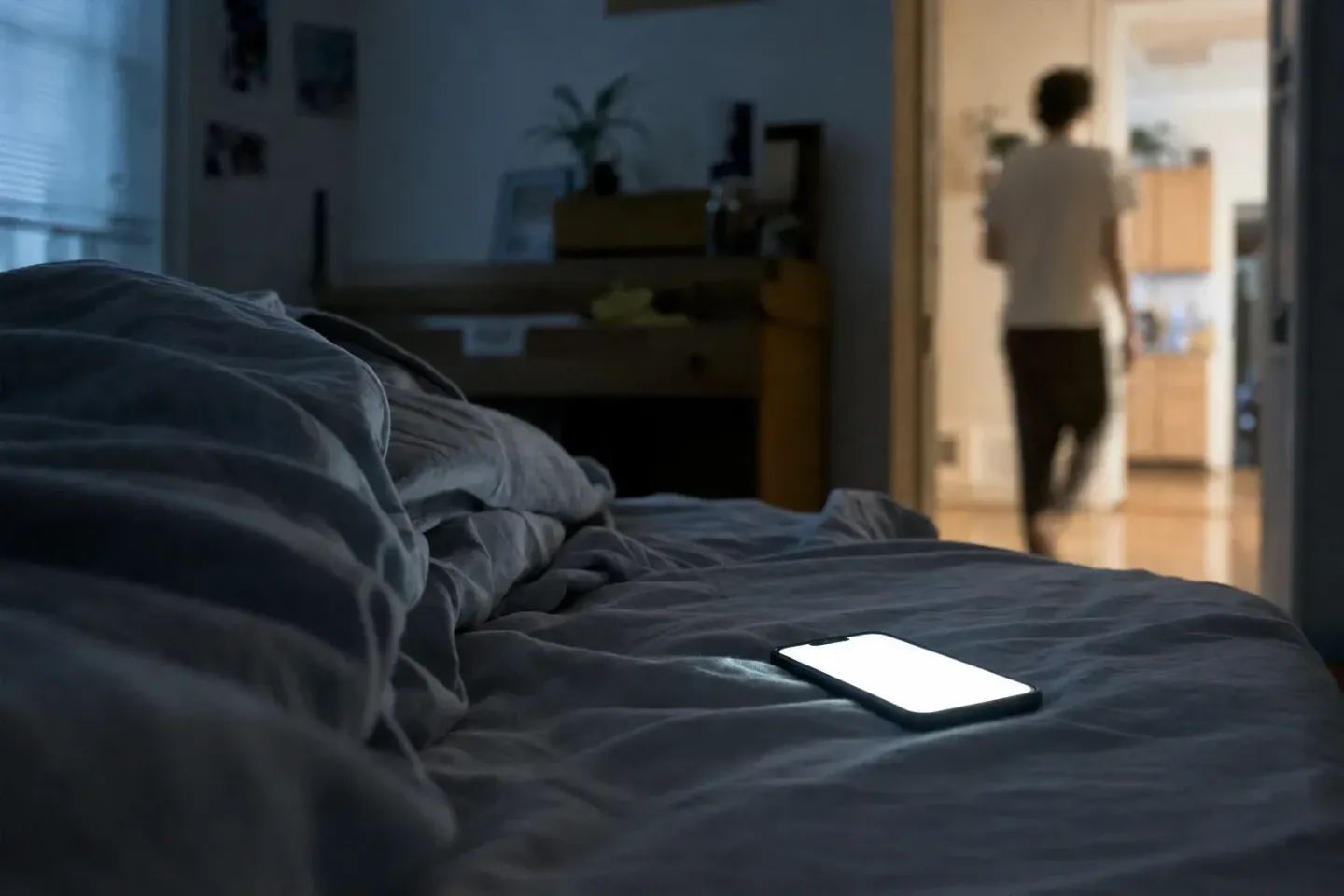 Una cama vacía y deshecha con el teléfono aún encendido sobre las sábanas, mientras su dueño camina hacia una cocina iluminada