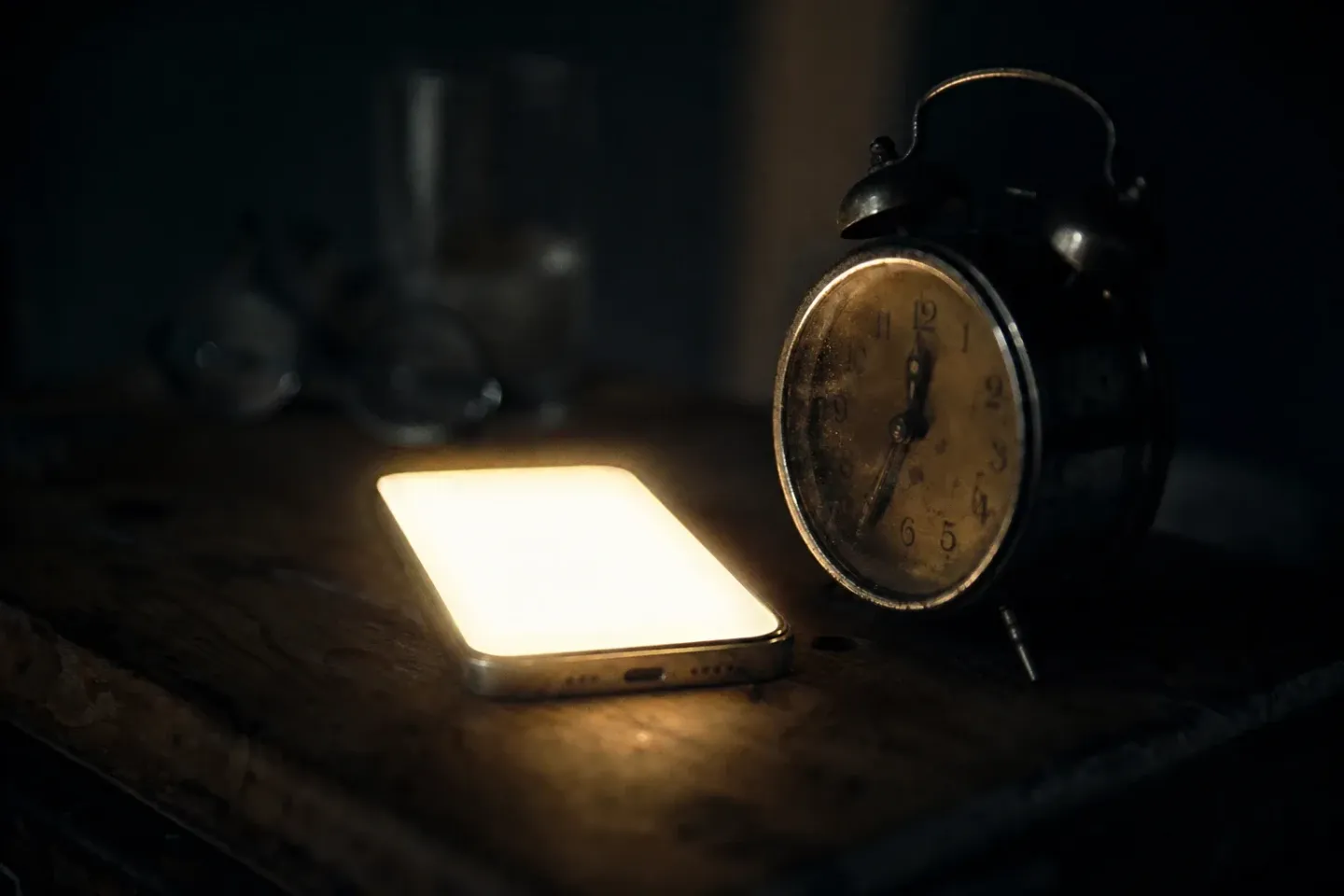 Un iPhone iluminado sobre una mesilla de noche oscura junto a un despertador clásico de dos campanas