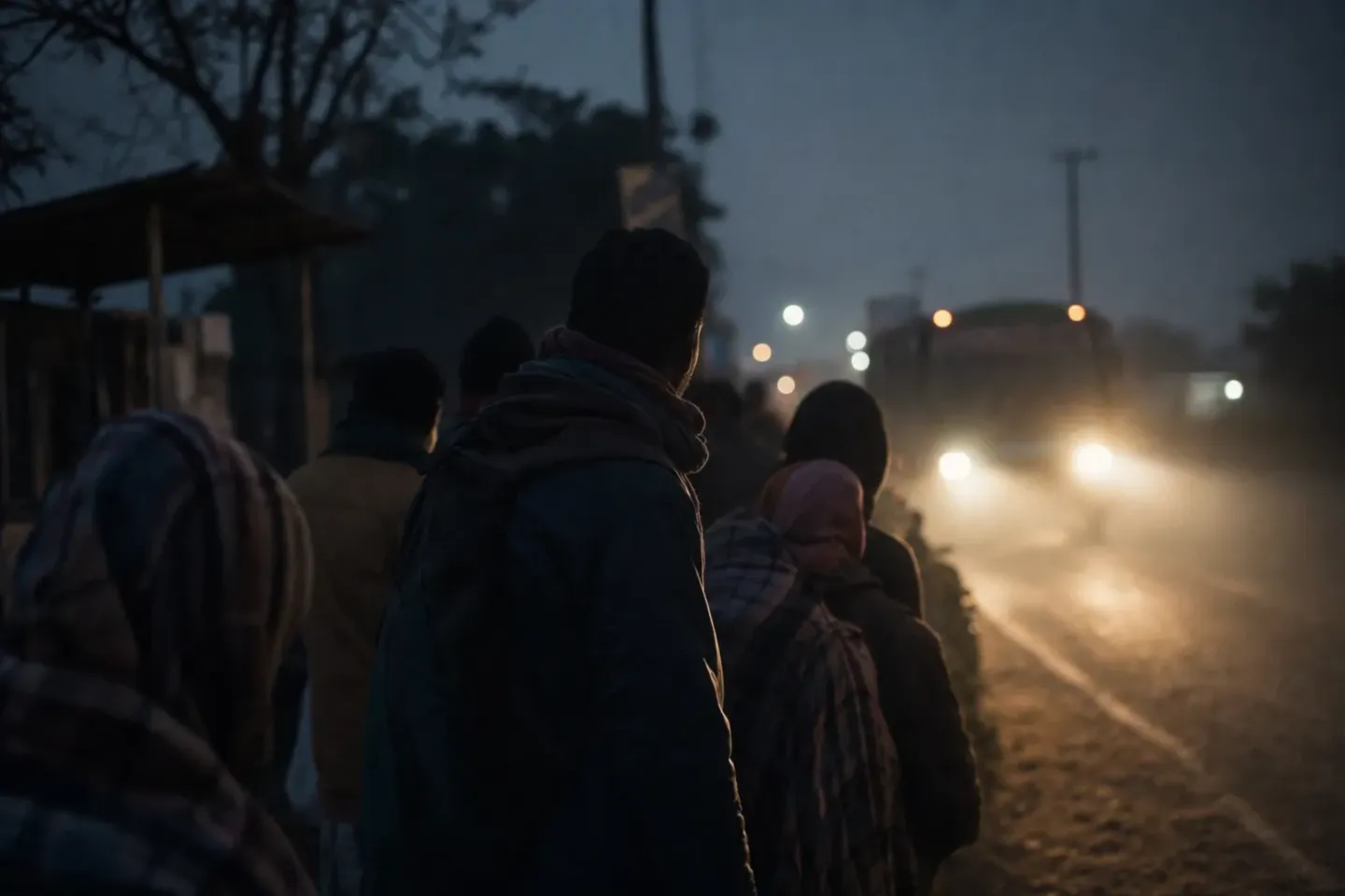 Fila de gente esperando en una parada de camión a la orilla de una avenida antes de que amanezca, con los faros barriendo el polvo y el vaho en los haces de luz