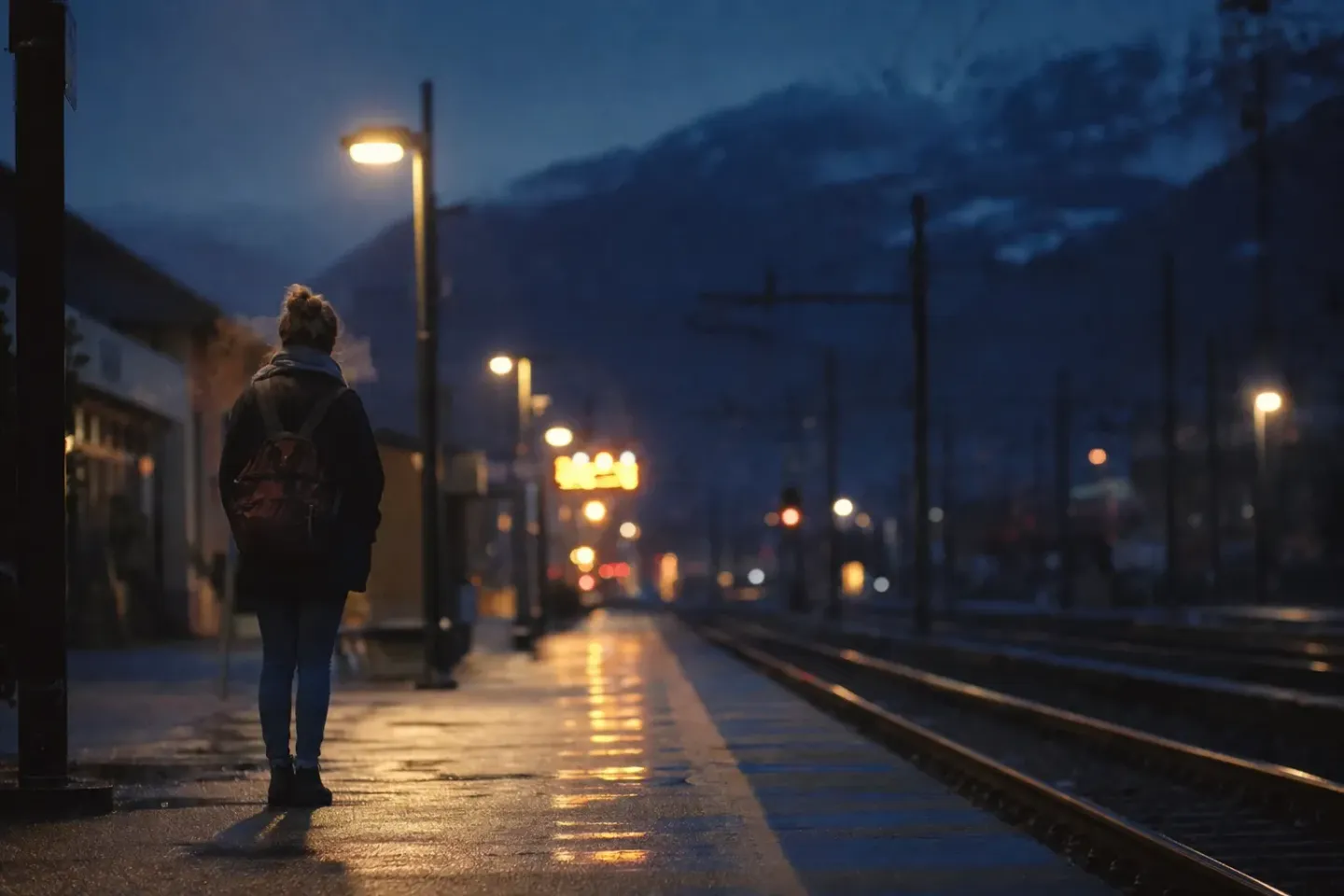 Una studentessa sola, di spalle e piccola nell'inquadratura, con lo zaino in spalla su una banchina di stazione regionale bagnata, prima dell'alba, sotto lampioni arancioni che si riflettono sull'asfalto