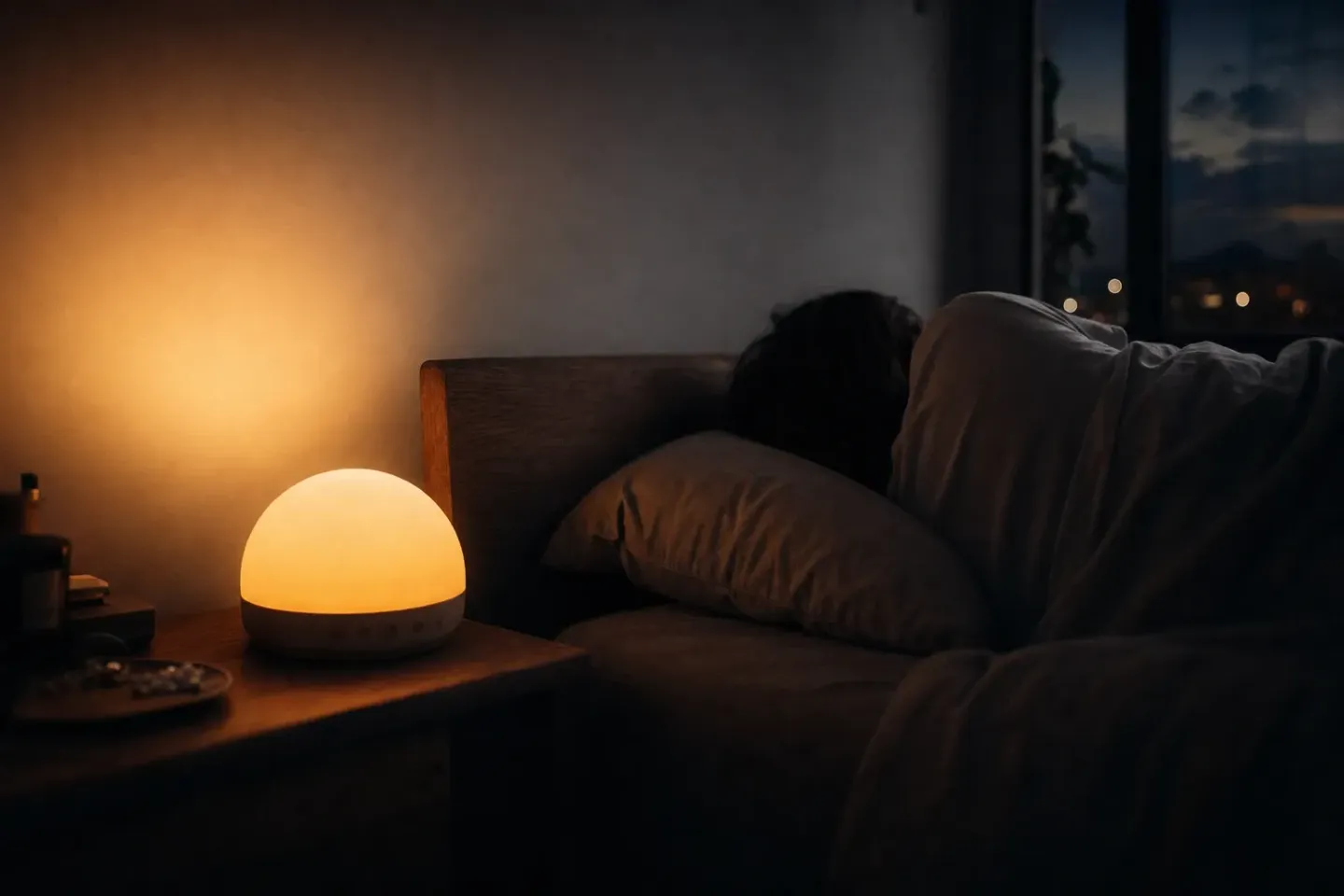 Un simulateur d’aube en forme de dôme, allumé en orangé sur une table de nuit, pose un halo de lumière sur le mur ; le reste de la chambre est sombre et la personne dans le lit dort, tournée de l’autre côté