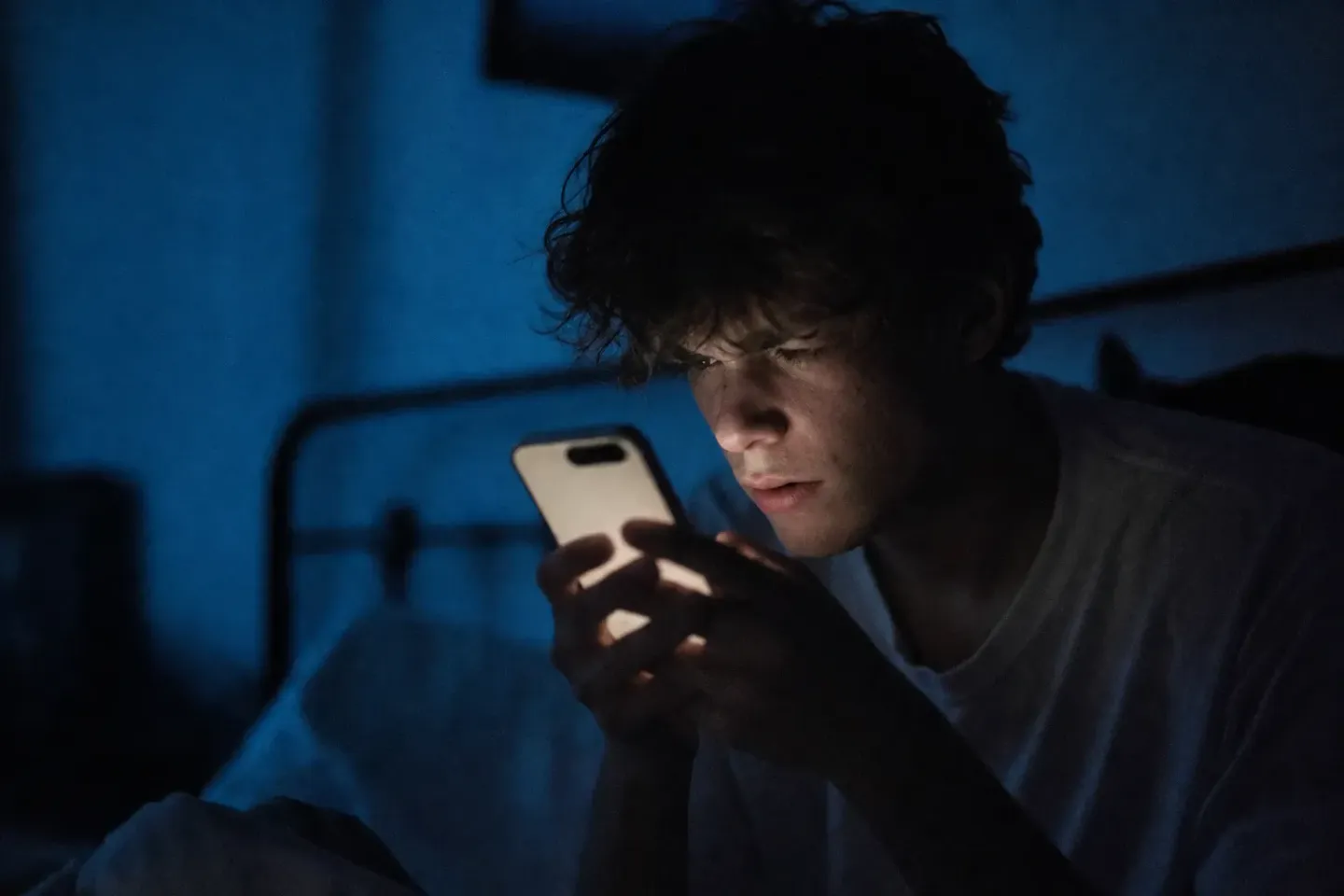 Someone sitting up in bed at dawn, phone held in both hands, brow furrowed in concentration