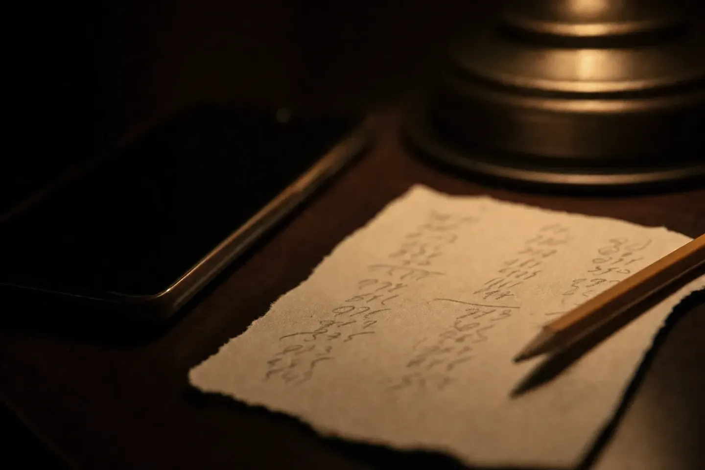 Pencil arithmetic scribbled on a scrap of paper on a nightstand under warm lamplight