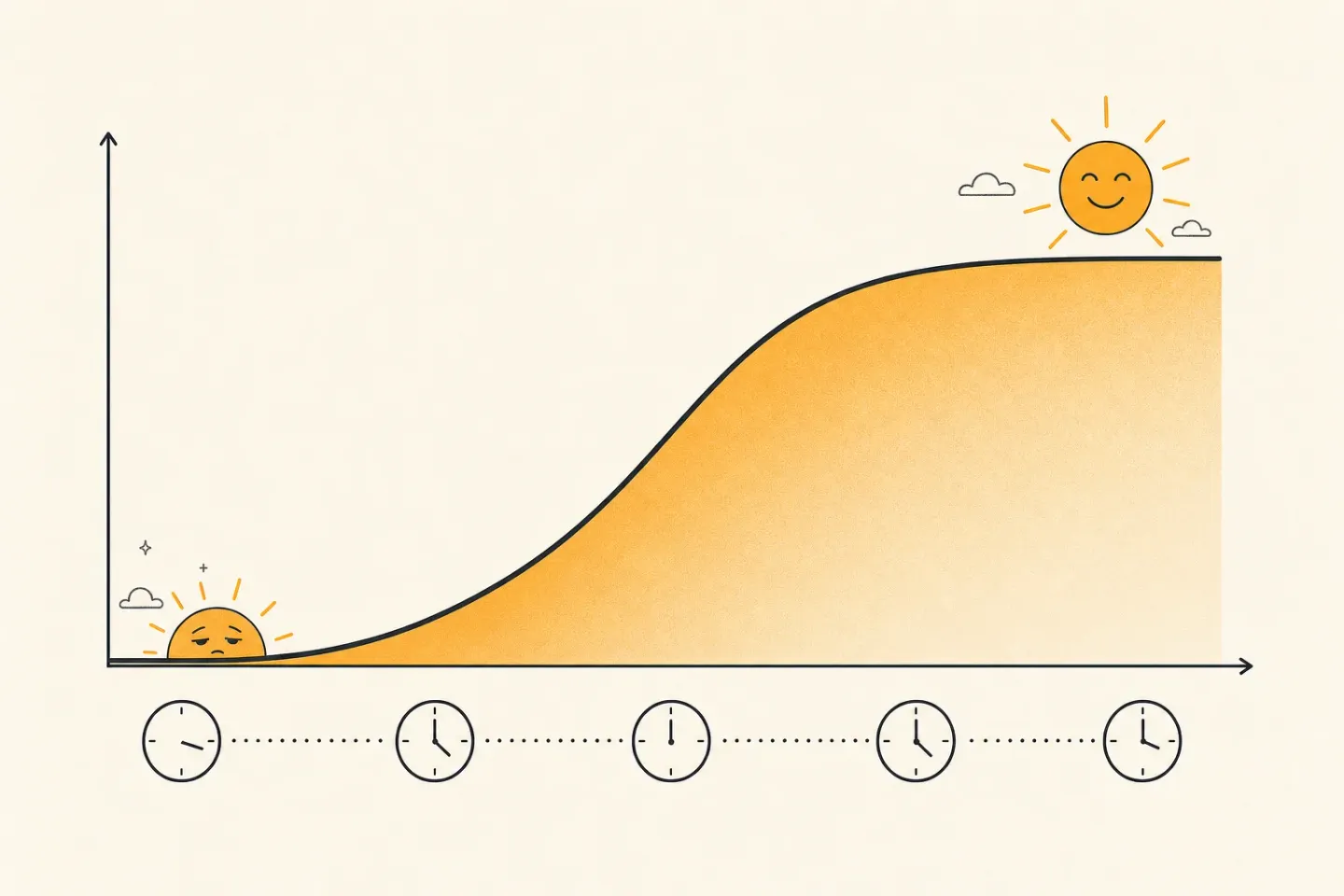 Alertness after waking: a curve that starts near zero with a groggy sun barely over the horizon, climbs steeply through the first half hour, and levels off high with the sun fully risen