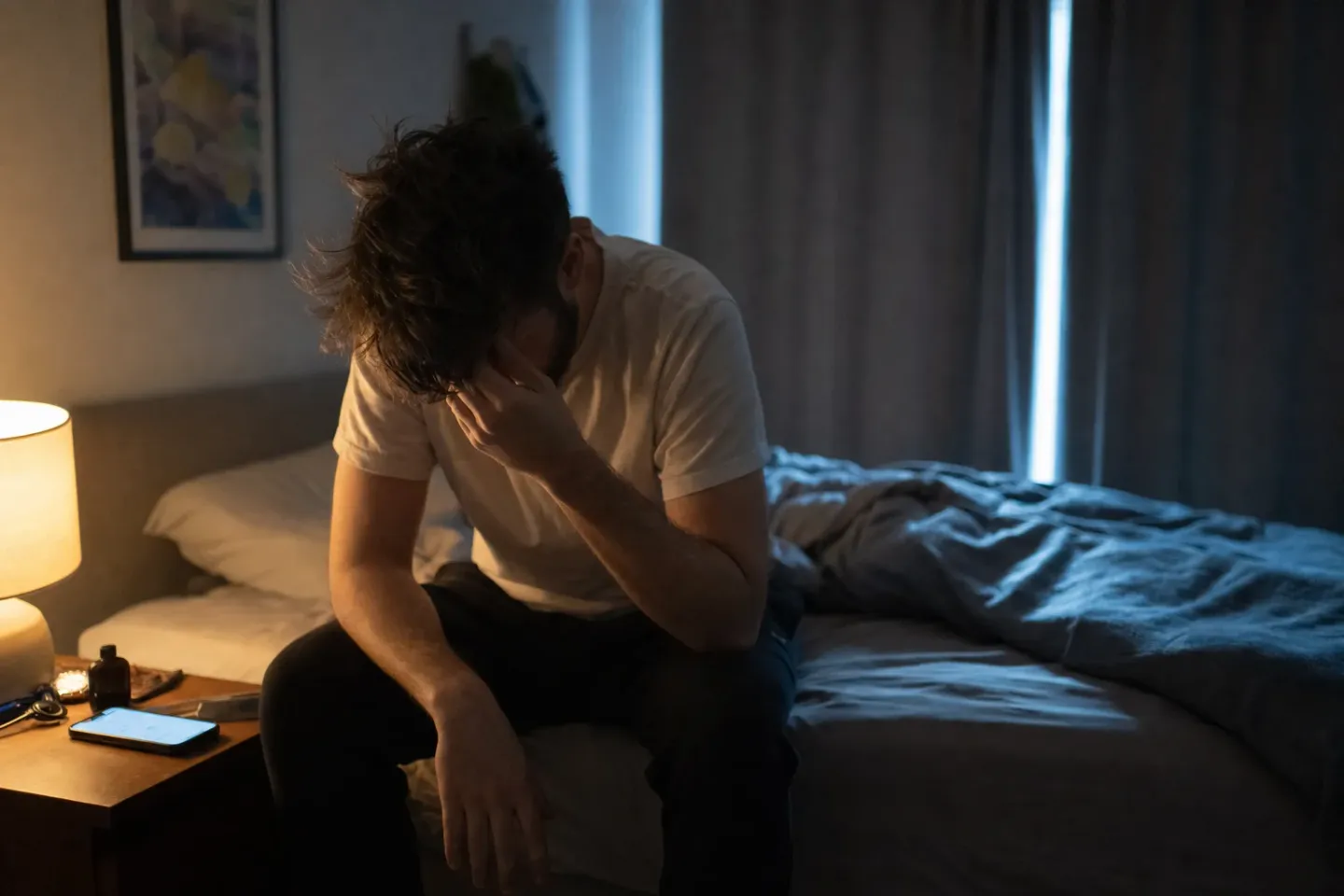 A man sitting on the edge of an unmade bed at dawn, head hanging, one hand rubbing his eyes, his phone glowing on the nightstand beside a warm lamp
