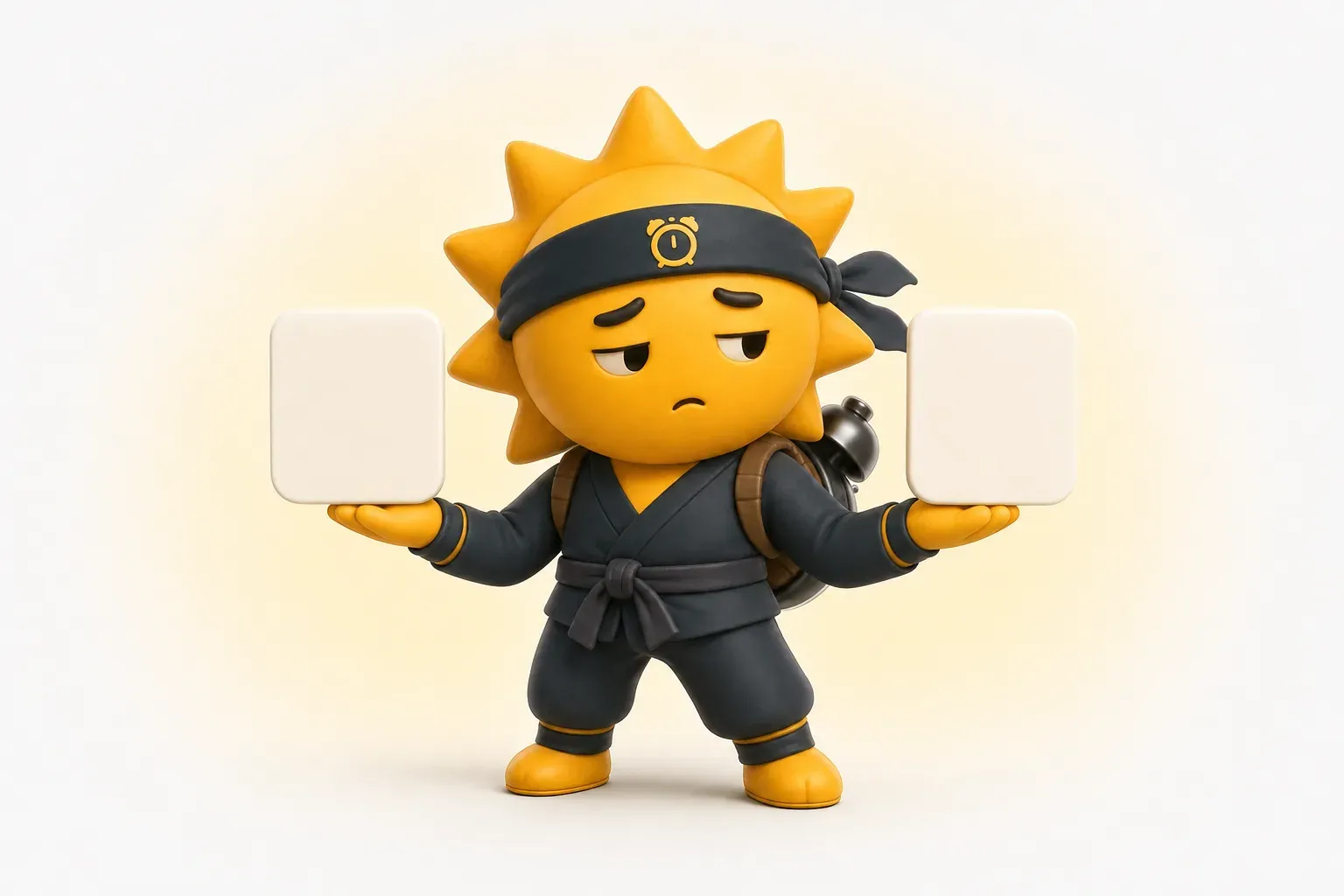 El ninja del sol de Risly sopesando dos aplicaciones de alarma, una en cada mano