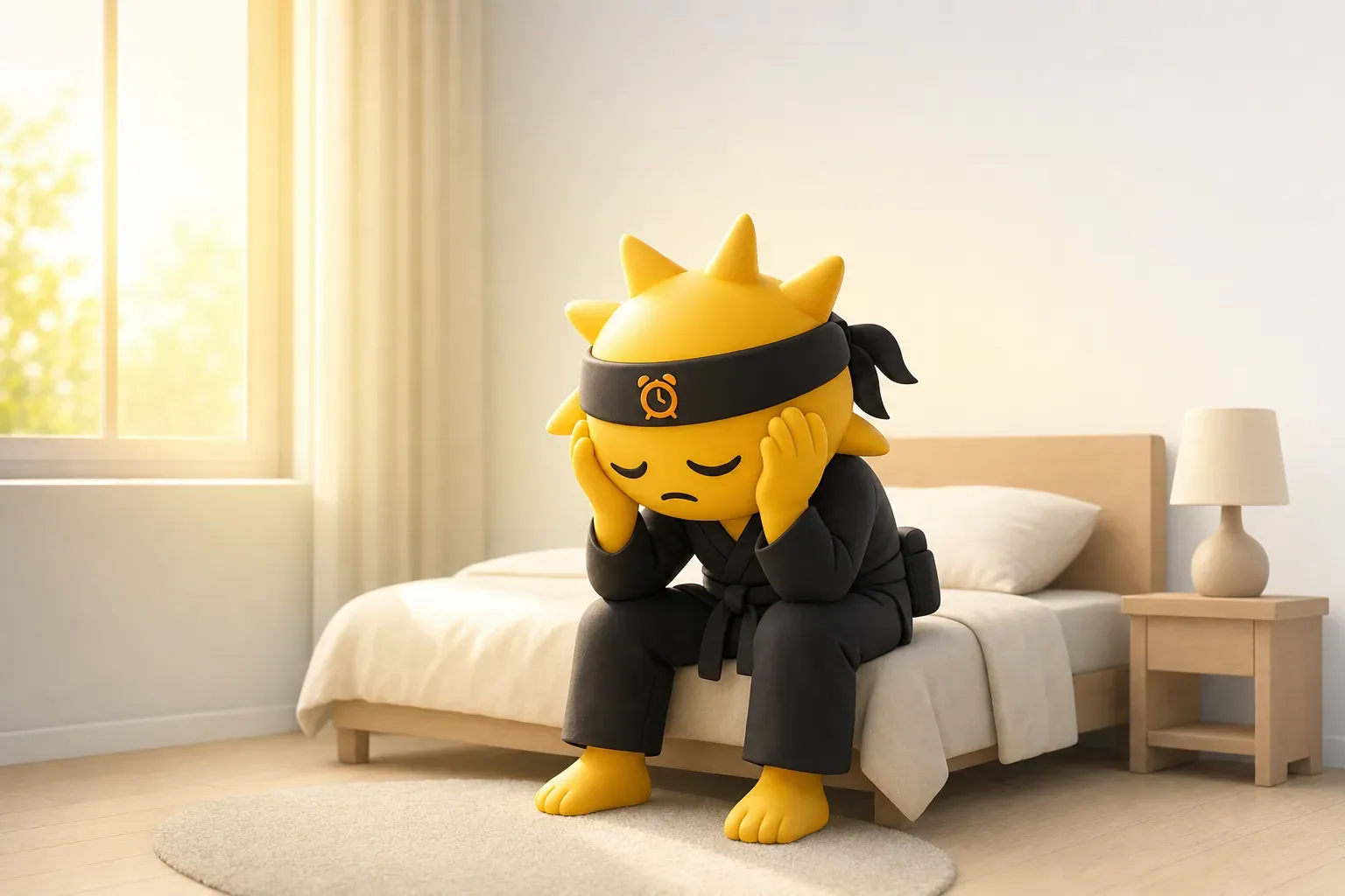 Le ninja-soleil de Risly assis au bord du lit, tête entre les mains, incapable de se lever