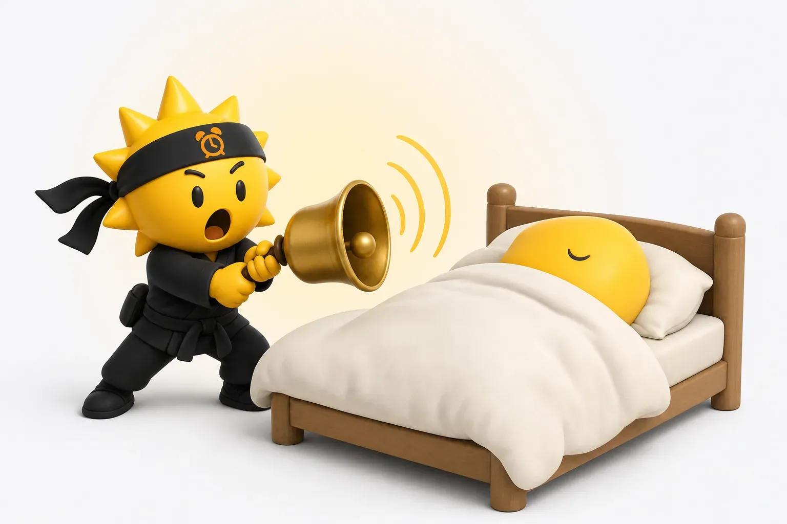 De Risly-ninja staat naast een bed waarin iemand dwars door een loeiende wekker heen slaapt