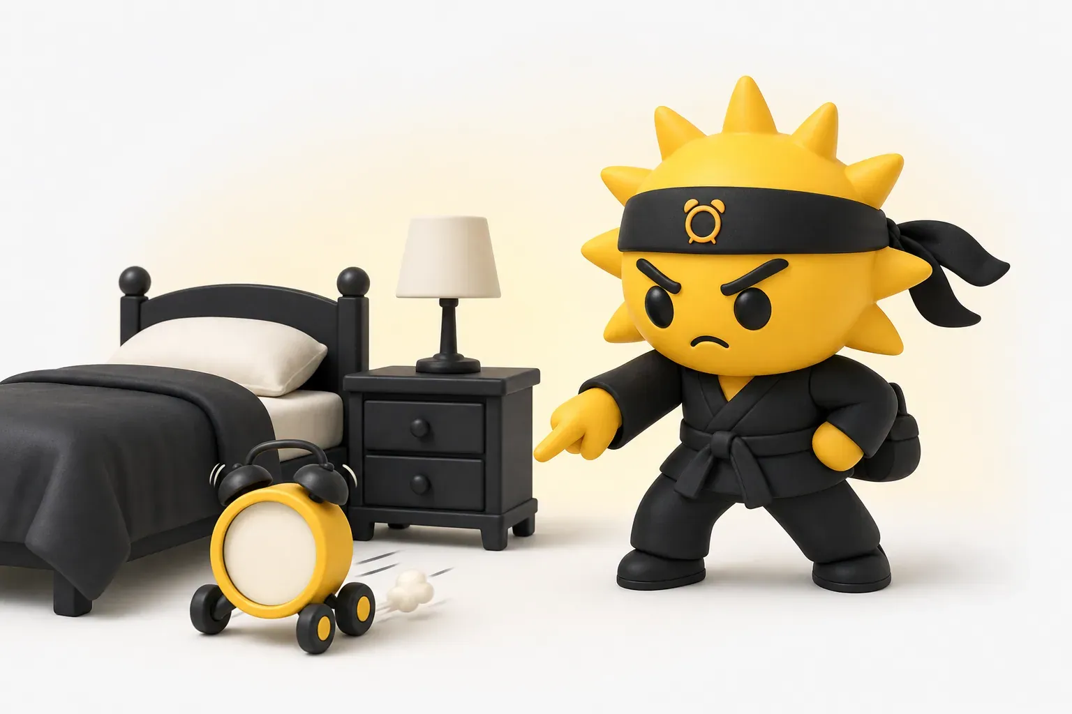 The Risly sun-ninja standing over a bed, pointing at an alarm clock rolling away on wheels