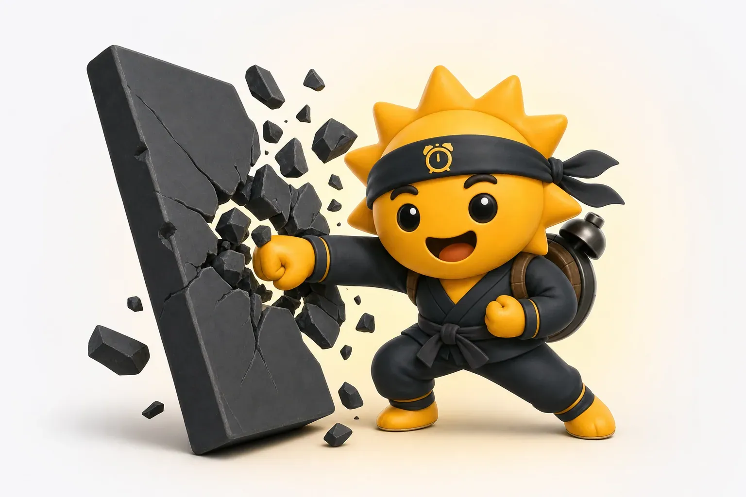 The Risly sun-ninja holding a phone showing a math problem at dawn