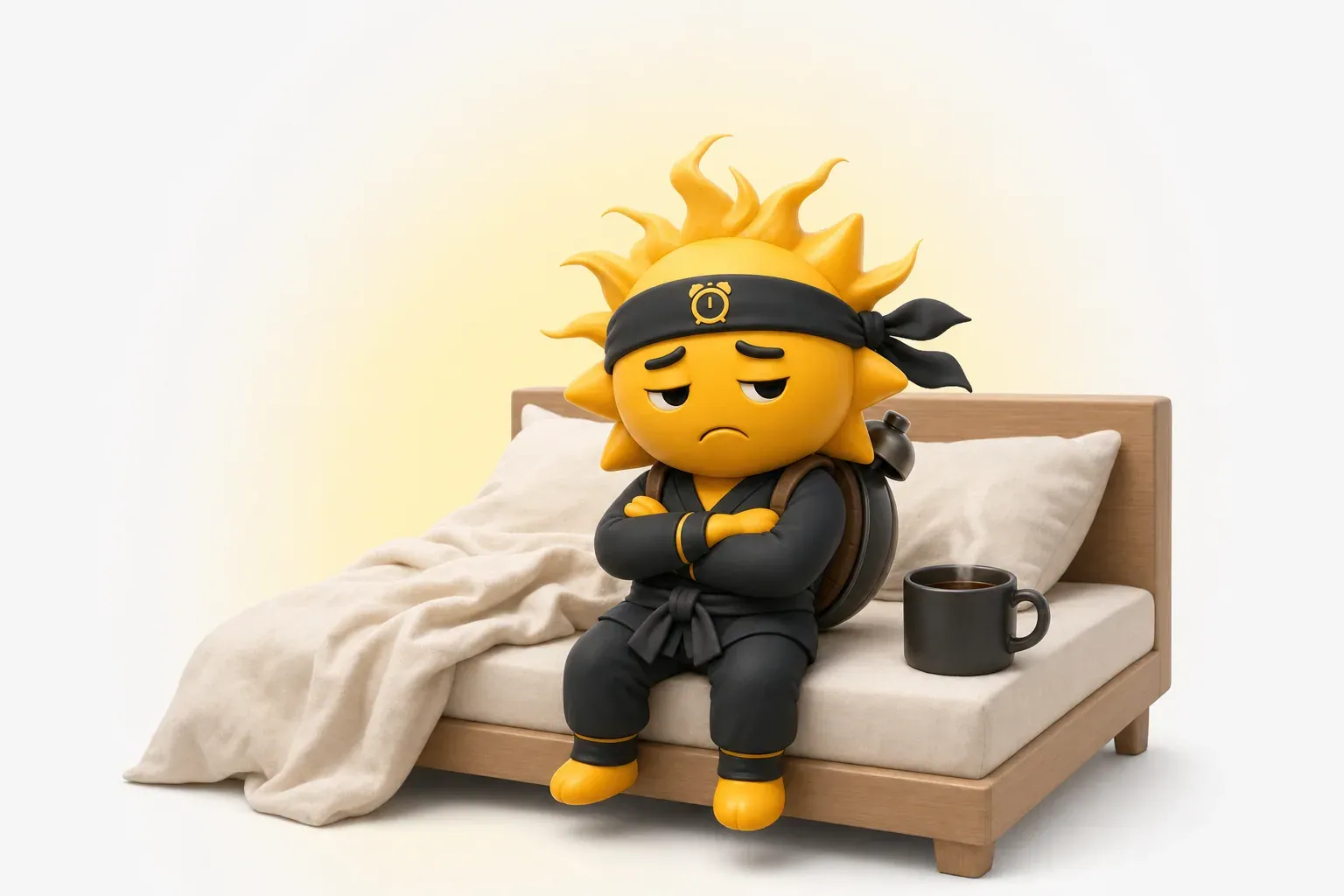 Ein sehr schlecht gelaunter Sonnen-Ninja mit Kaffeetasse am frühen Morgen