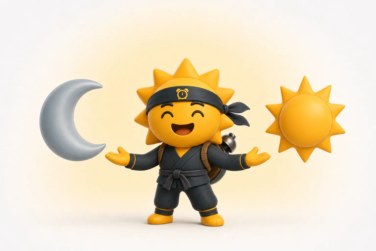 Een Risly-ninja met een slaapmasker op zijn voorhoofd naast een opgaande zon