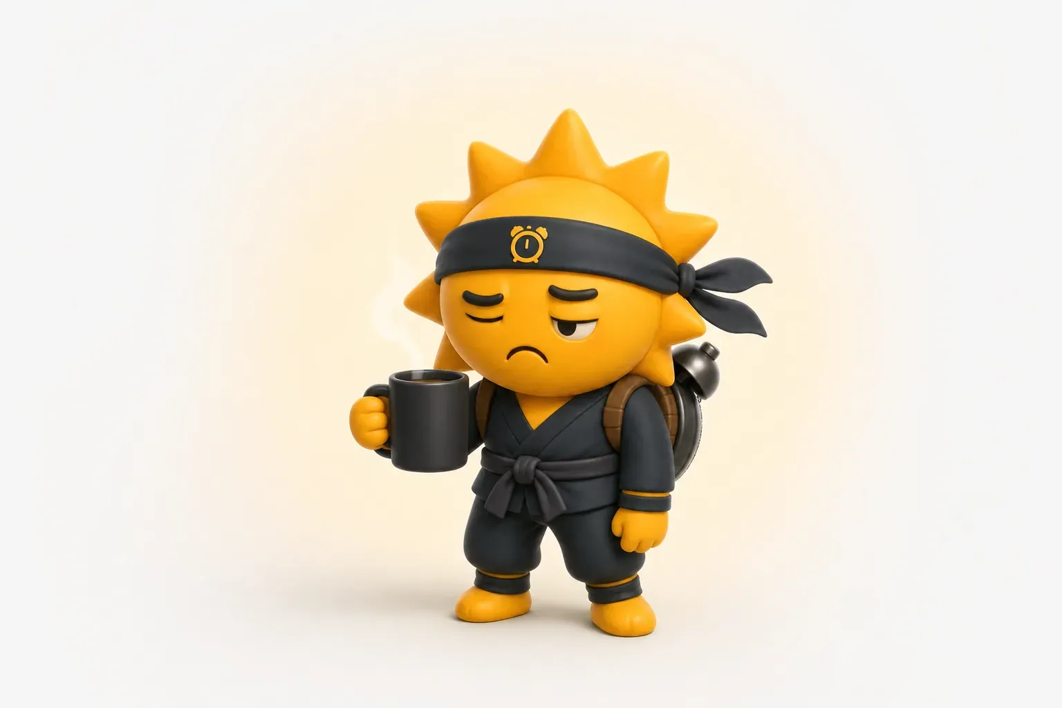 Een chagrijnige Risly-ninja met een kop koffie, halfdicht oog