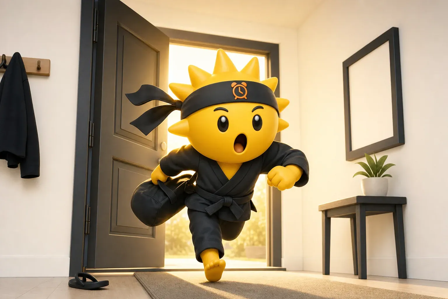 Słoneczny ninja Risly wskazujący plan poranka rozpisany na tablicy obok zegara
