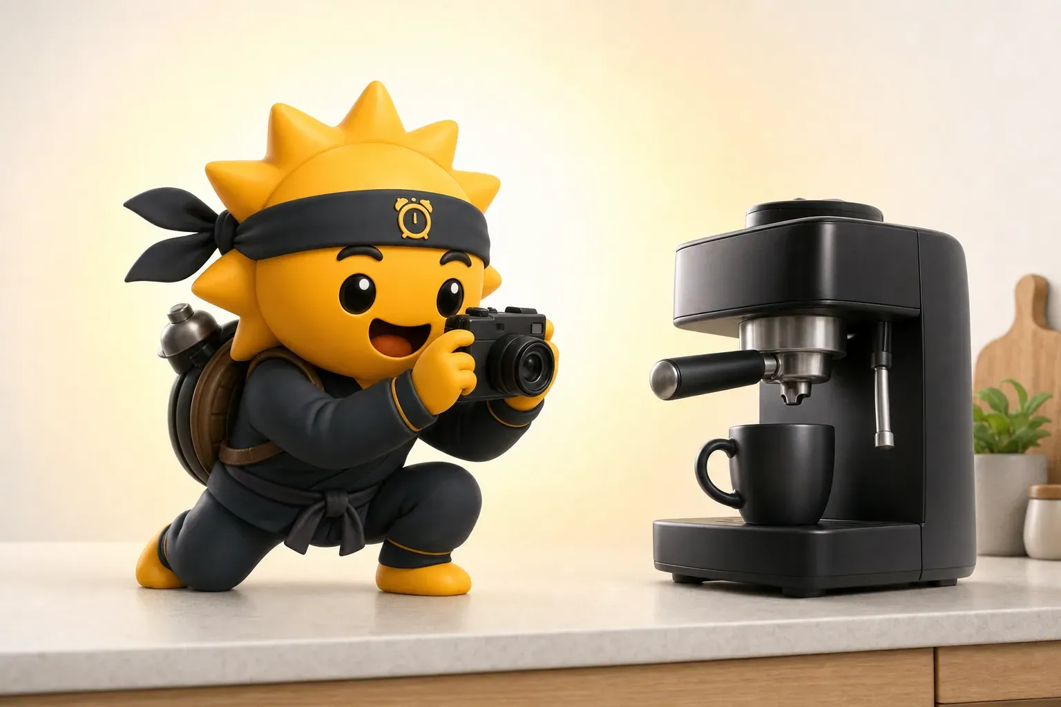 The Risly sun-ninja pointing a phone camera at a coffee machine