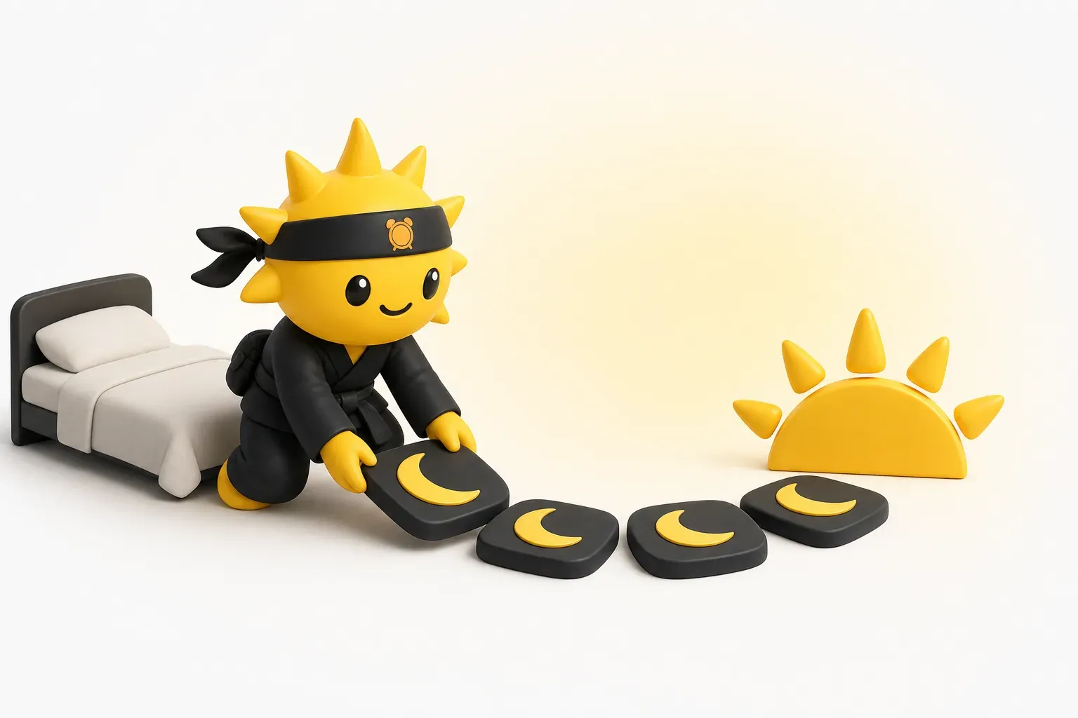 Il ninja-sole di Risly accanto a una tabella di orari per andare a dormire e a un orologio che segna le 22:15