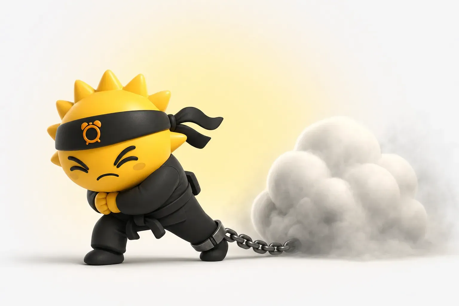 The Risly sun-ninja straining forward, dragging an ankle chain shackled to a cloud of grey fog