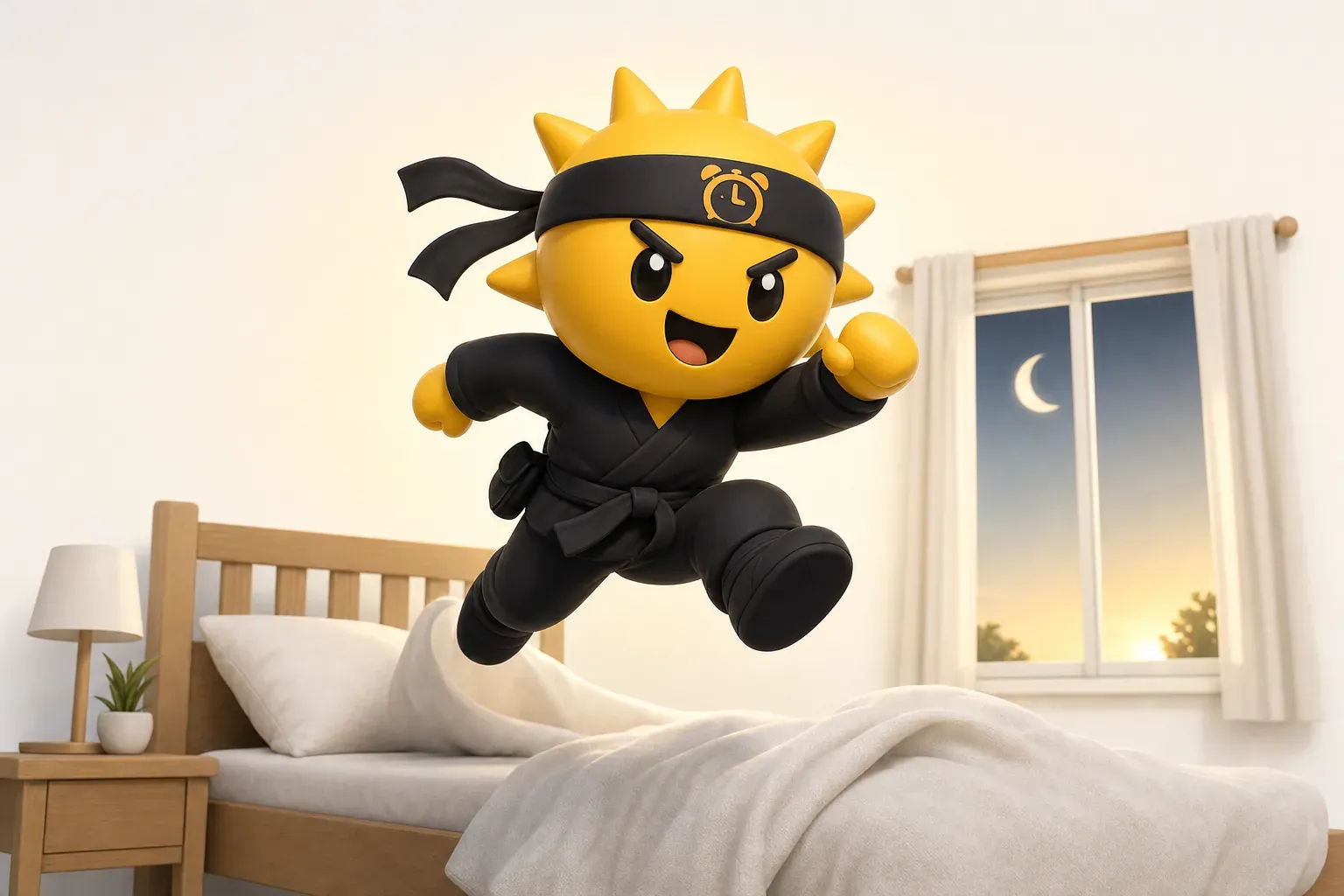 O ninja do sol da Risly pulando da cama de madrugada, com a lua ainda aparecendo na janela
