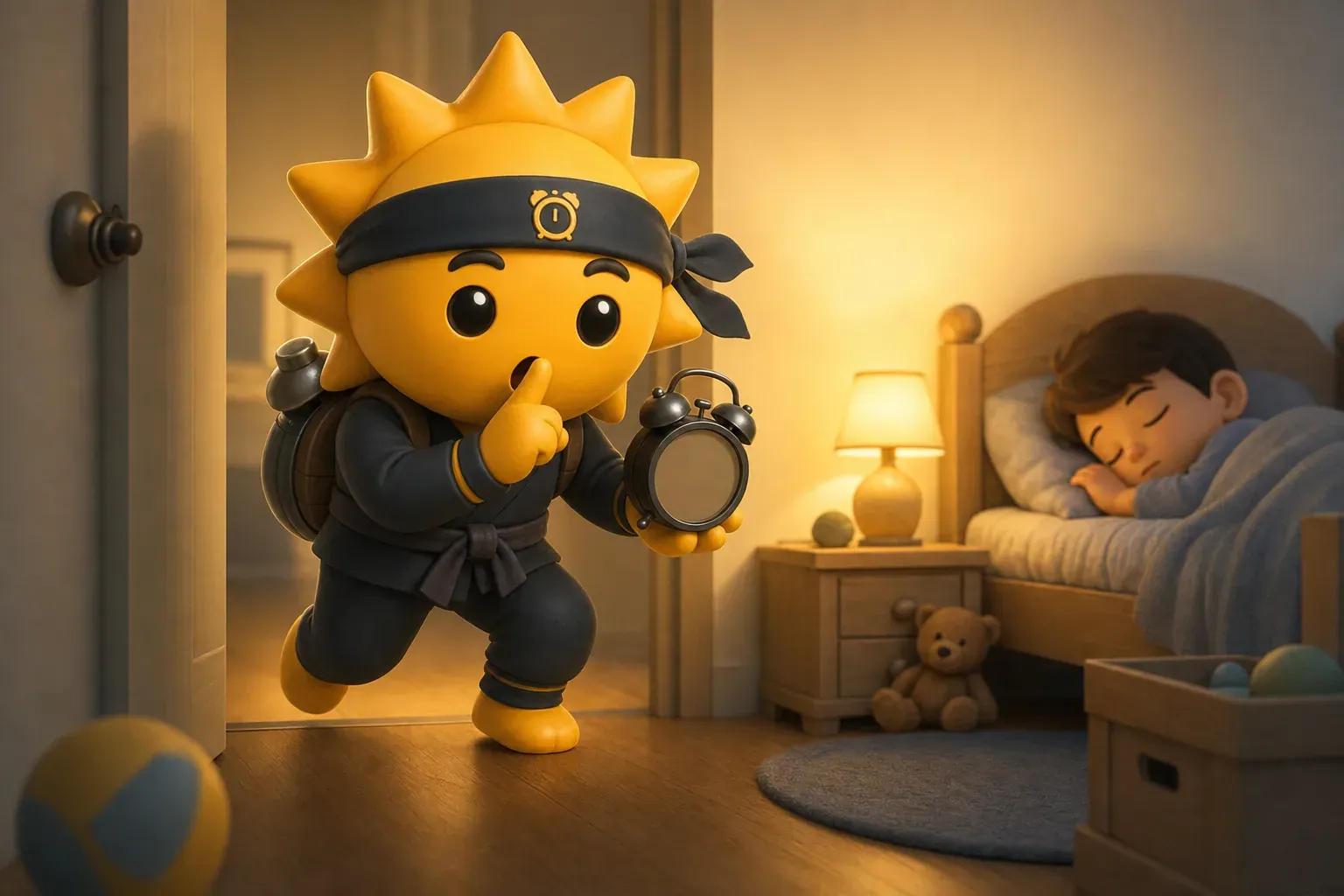 De Risly-ninja trekt het gordijn open terwijl een tiener zich onder het dekbed ingraaft