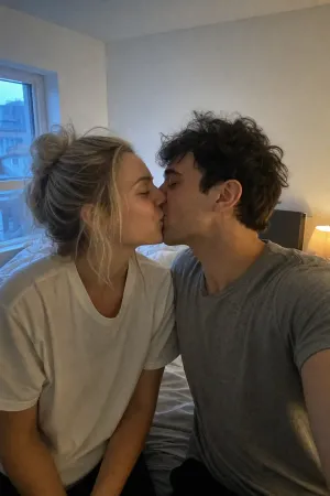 Risly's kiss mission on iPhone: the front camera on a couple kissing in bed to switch the alarm off.