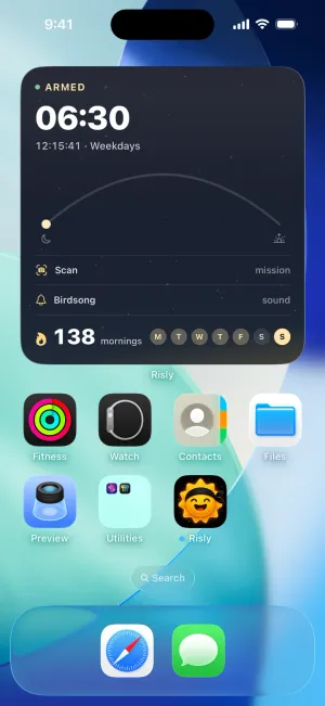 Risly's large widget: next alarm, the arc of the night, mission, sound, streak and week.