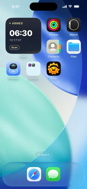 Risly's small widget: next alarm at 06:30, the countdown and the Scan mission.