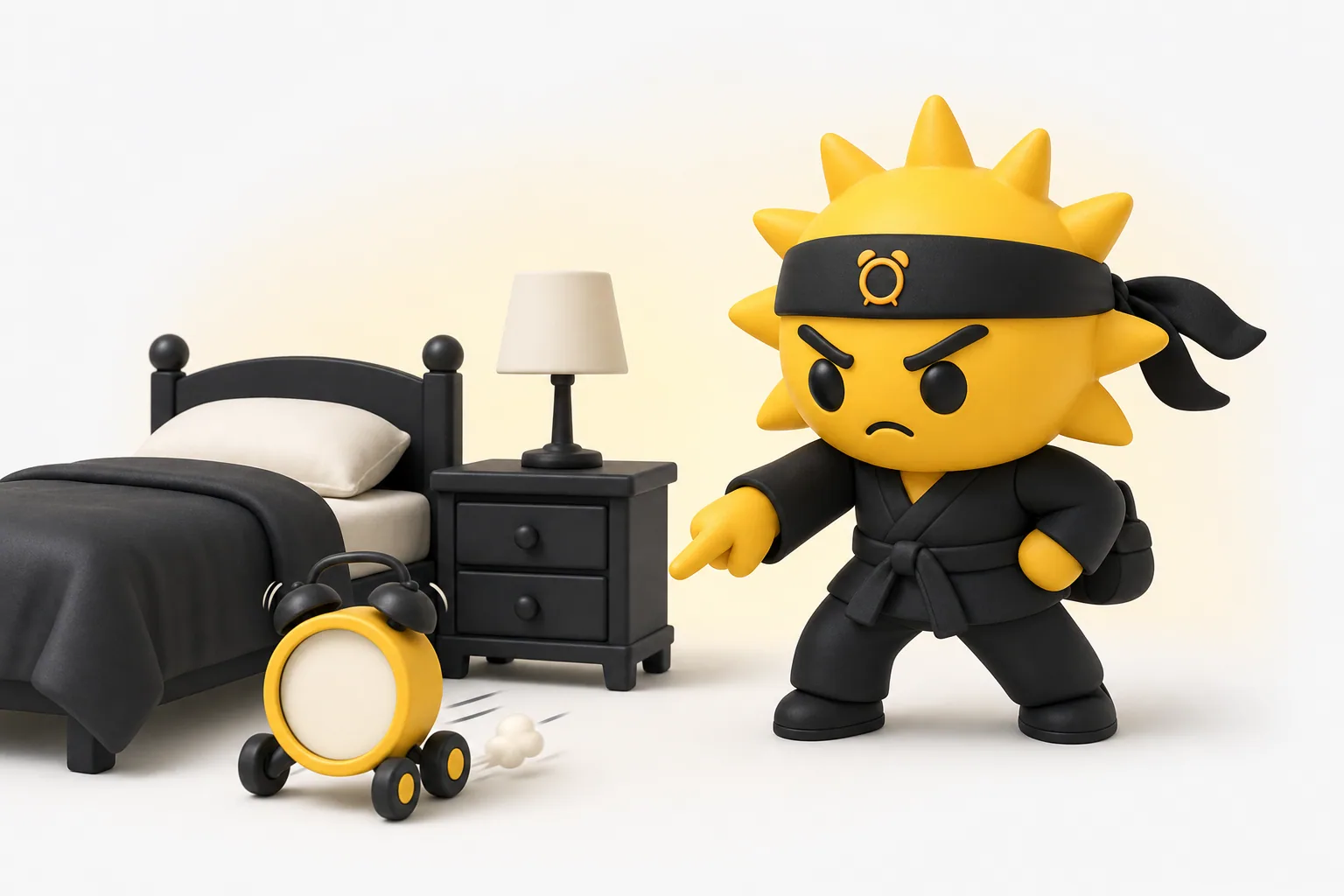 The Risly sun-ninja standing over a bed, pointing at an alarm clock rolling away on wheels
