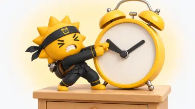 The Risly sun-ninja standing on a bedside table, both hands on the hour hand of a big round analog alarm clock, cranking it back one hour