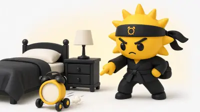 The Risly sun-ninja standing over a bed, pointing at an alarm clock rolling away on wheels
