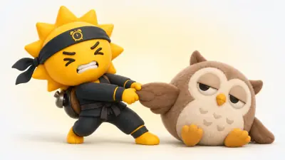 The Risly sun-ninja leaning back with both hands, dragging a big sleepy-eyed plush owl toy along by one wing