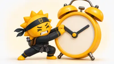 The Risly sun-ninja bracing both feet and pushing the hour hand of an oversized twin-bell alarm clock back into place with both hands