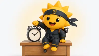 The Risly sun-ninja sitting up wide awake on a bedside table, pressing the stop button on top of a round twin-bell alarm clock before it can ring