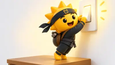 The Risly sun-ninja on tiptoe on a bedside table, flipping up a big white wall light switch with both hands