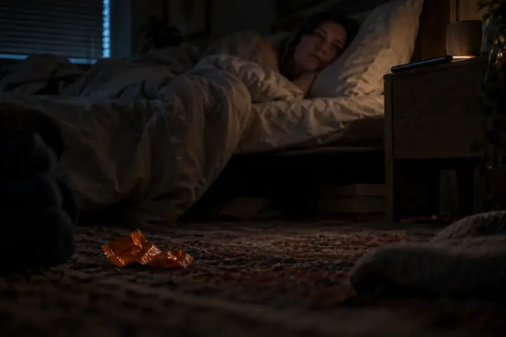 A woman lying awake in a dark bedroom before dawn, seen from floor level past a crumpled Halloween candy wrapper on the rug, her face-down phone leaking a thin glow at the edge of the nightstand